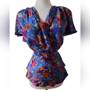 Anthropologie Girls From Savoy Floral Multicolor BlouseSilk with Short  Sleeves